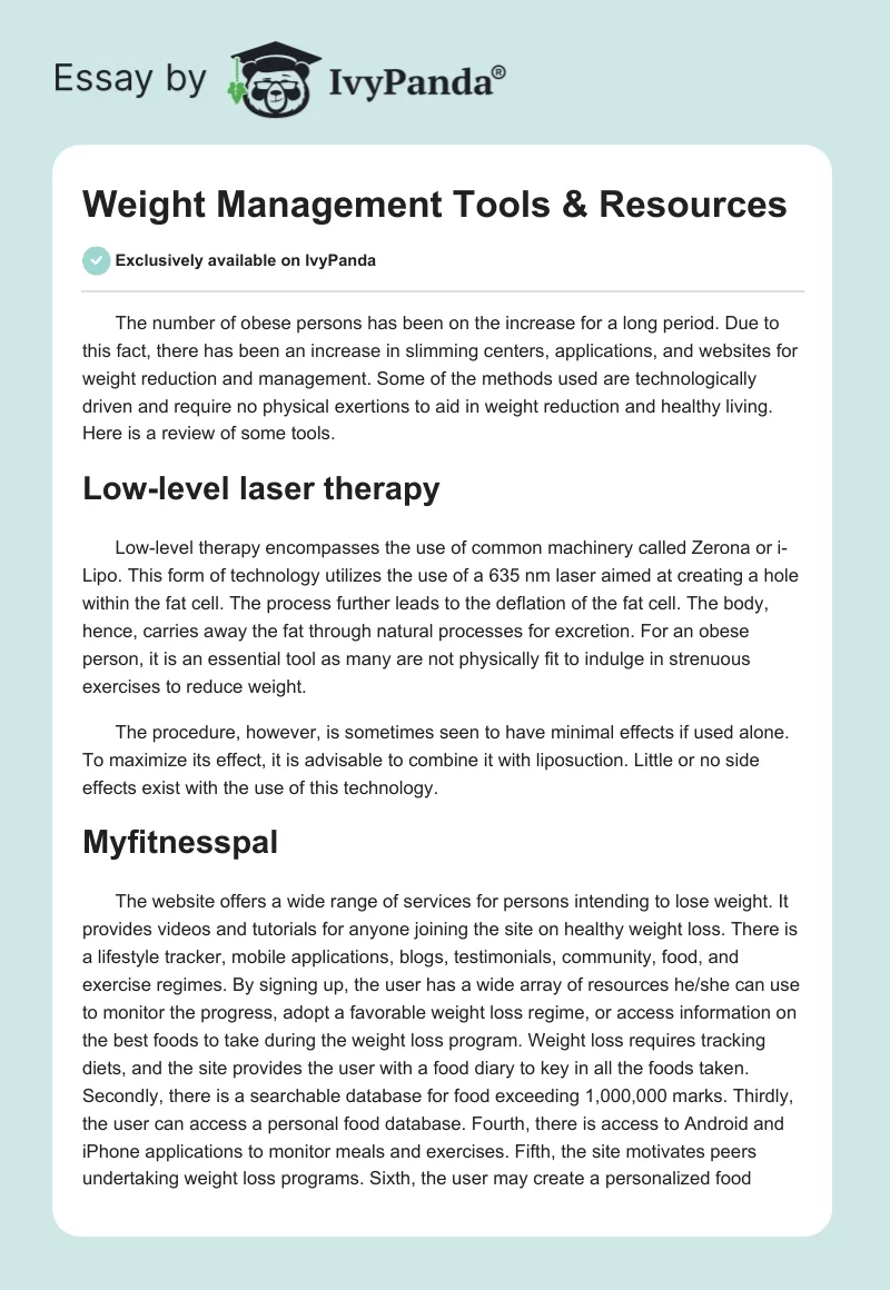 Weight Management Tools & Resources. Page 1