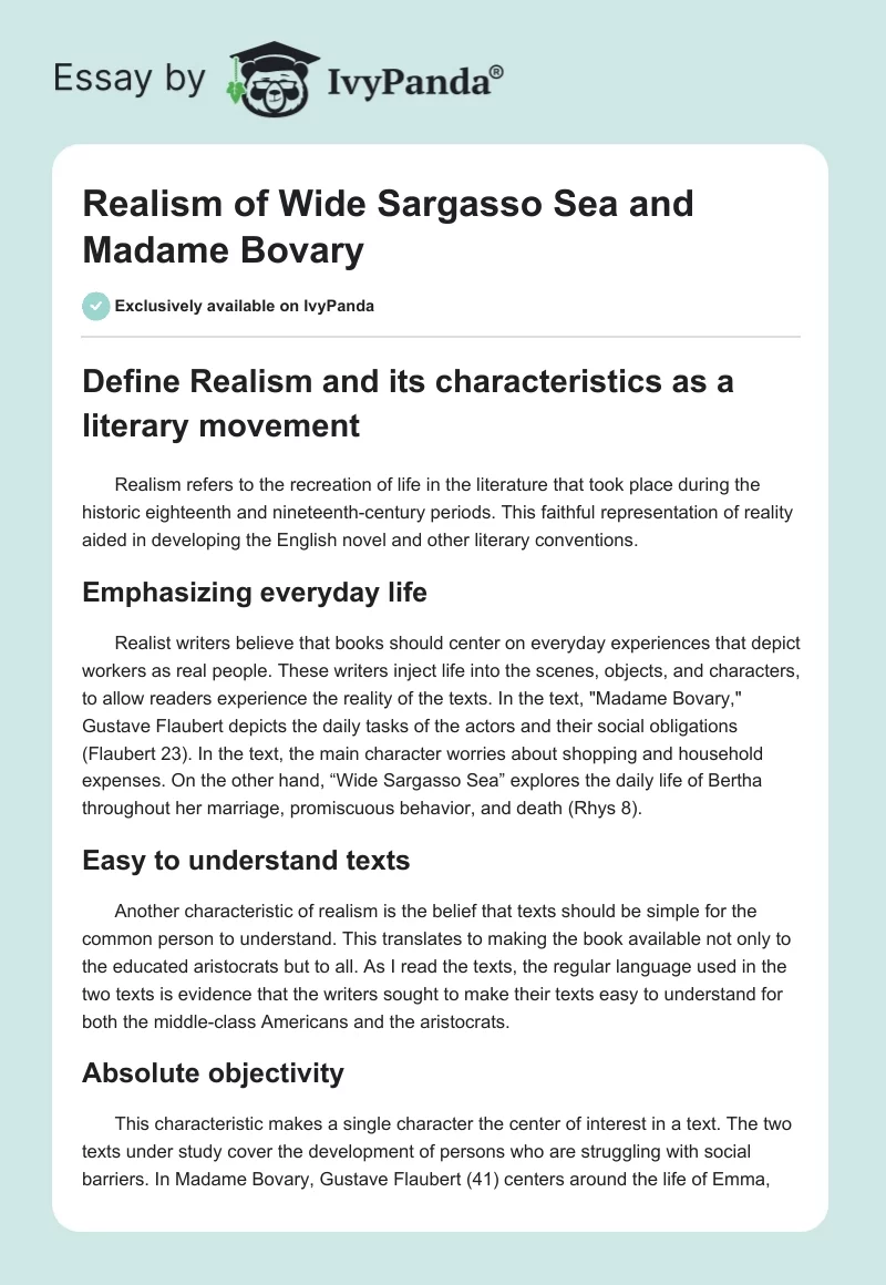 Realism of Wide Sargasso Sea and Madame Bovary. Page 1