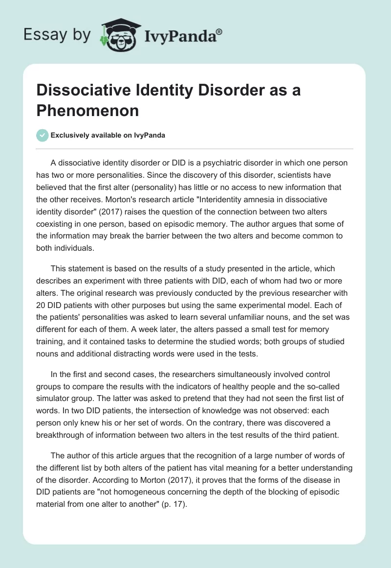 Dissociative Identity Disorder as a Phenomenon. Page 1