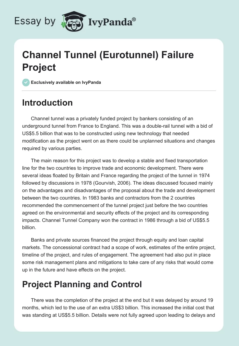 Channel Tunnel (Eurotunnel) Failure Project. Page 1