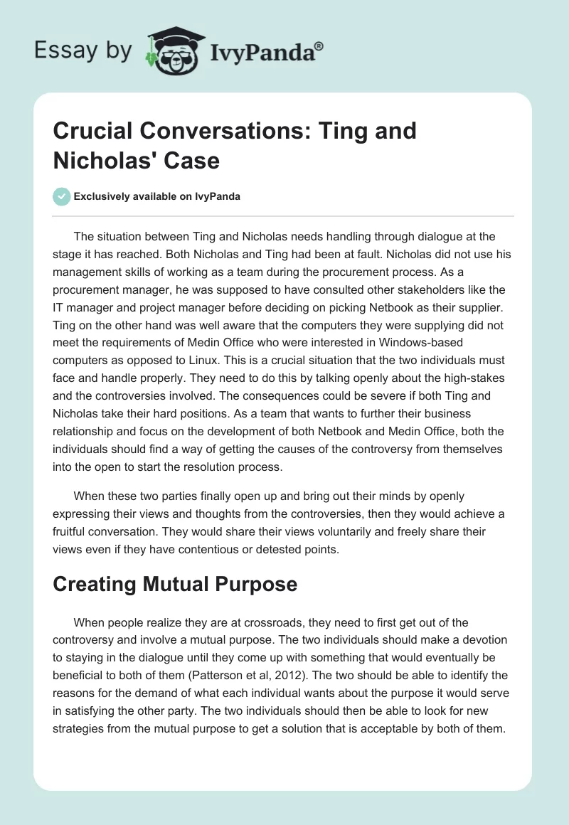 Crucial Conversations: Ting and Nicholas' Case. Page 1