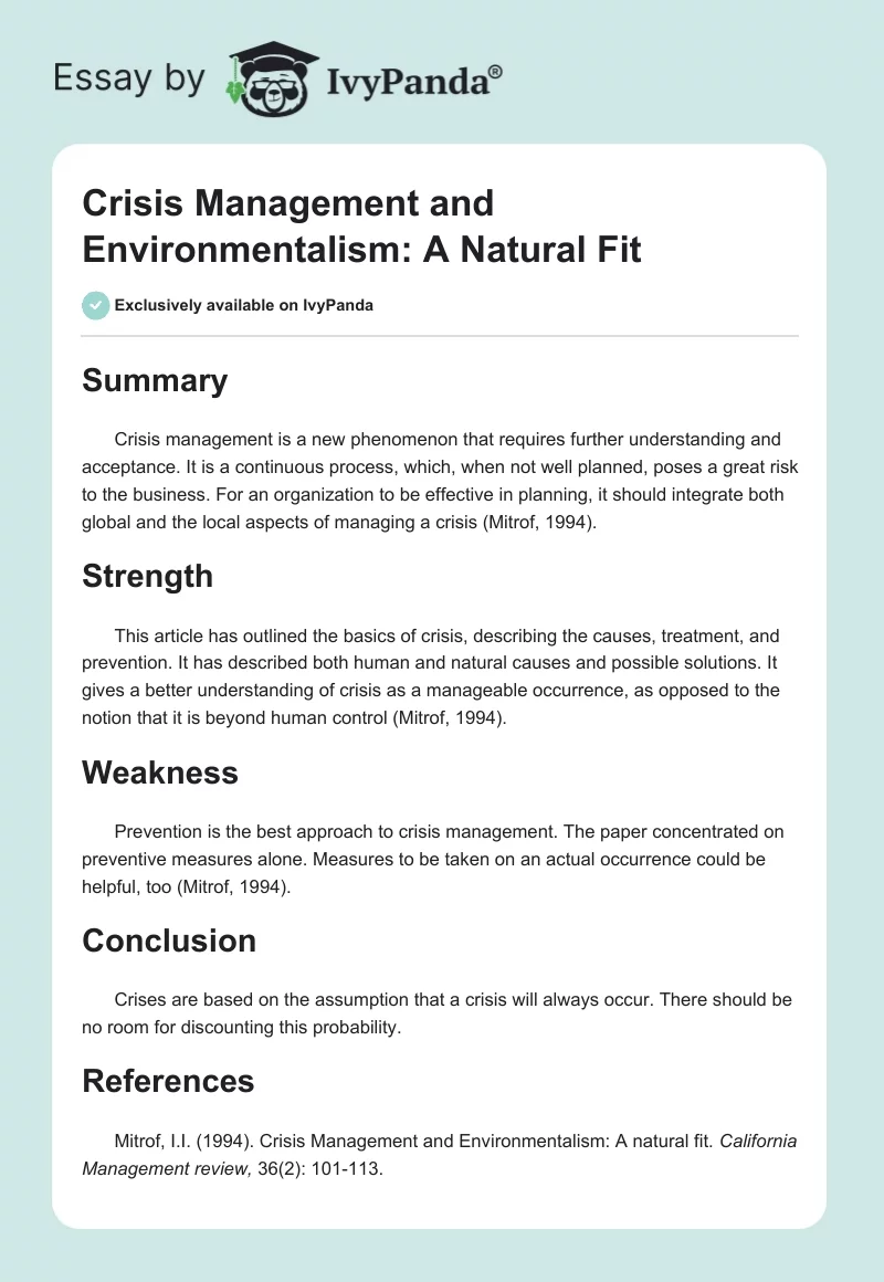 Crisis Management and Environmentalism: A Natural Fit. Page 1