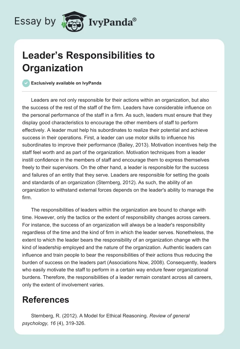 Leader’s Responsibilities to Organization. Page 1