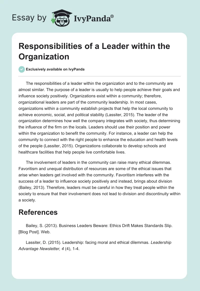 Responsibilities of a Leader within the Organization. Page 1