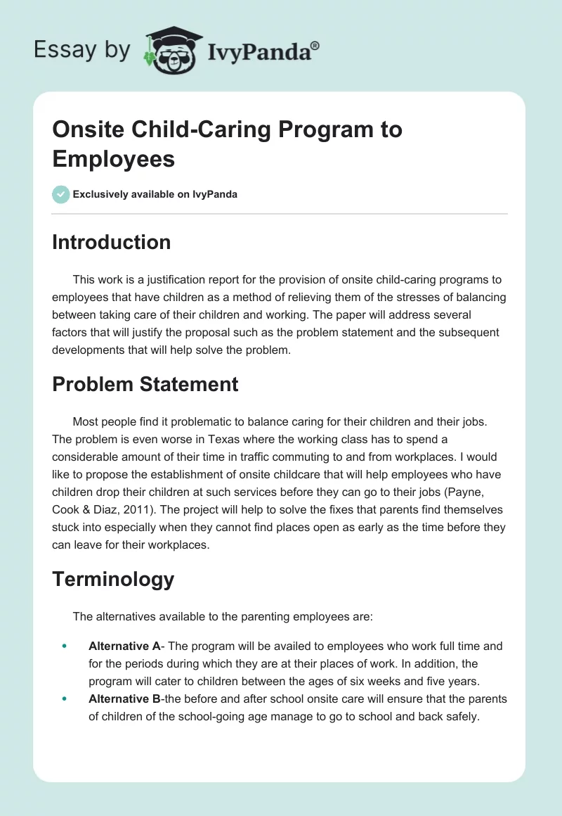 Onsite Child-Caring Program to Employees. Page 1
