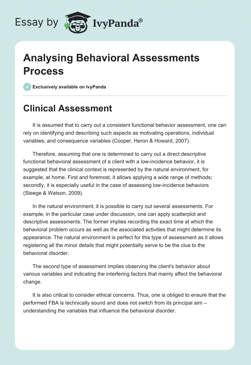 Analysing Behavioral Assessments Process. Page 1