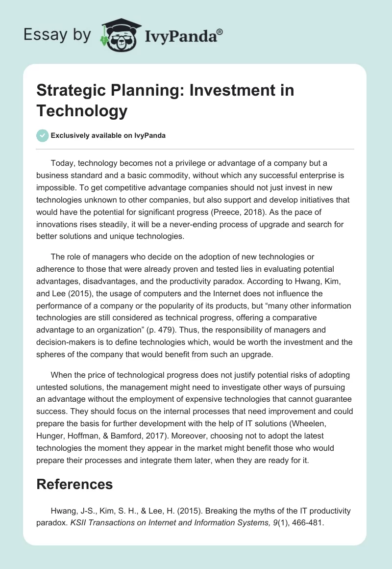 Strategic Planning: Investment in Technology. Page 1