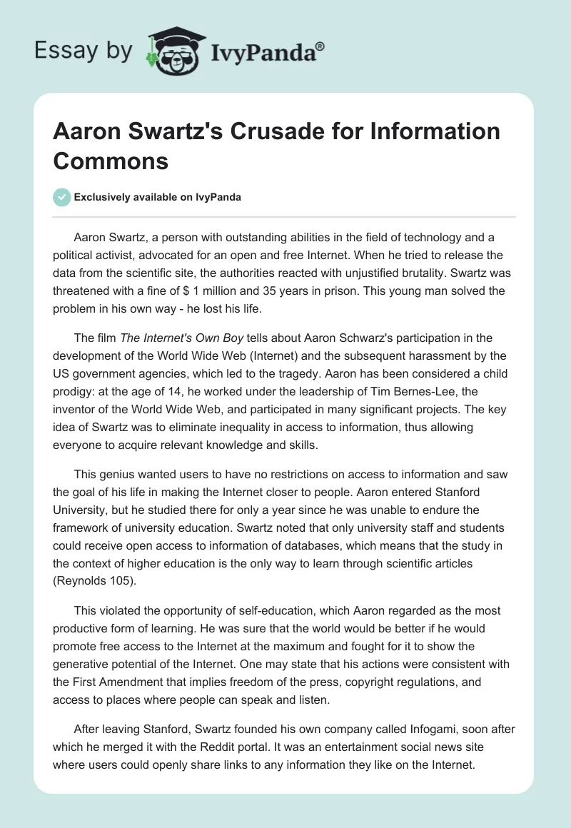Aaron Swartz's Crusade for Information Commons. Page 1