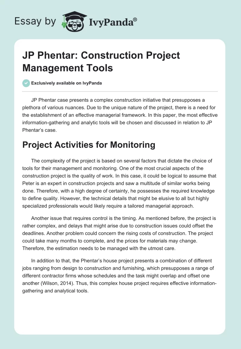 JP Phentar: Construction Project Management Tools. Page 1