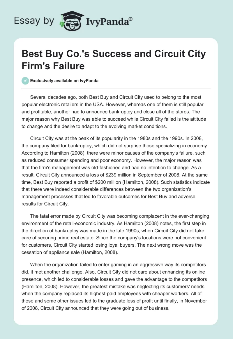 Best Buy Co.'s Success and Circuit City Firm's Failure. Page 1