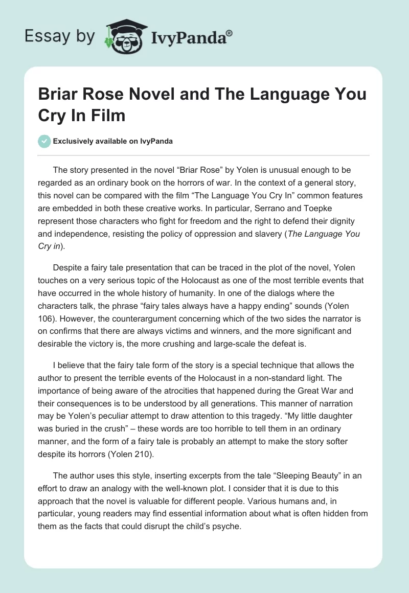 "Briar Rose" Novel and "The Language You Cry In" Film. Page 1