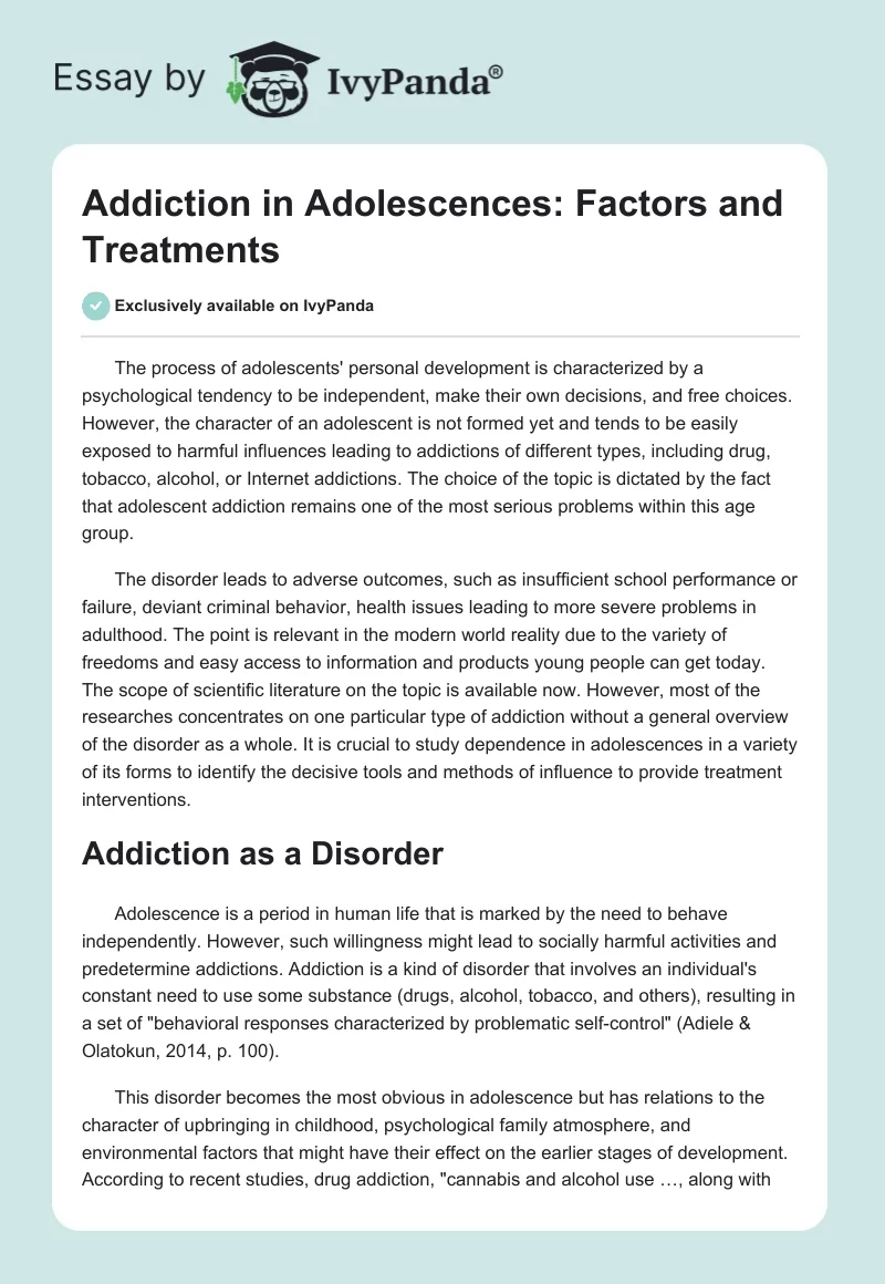 Addiction in Adolescences: Factors and Treatments. Page 1