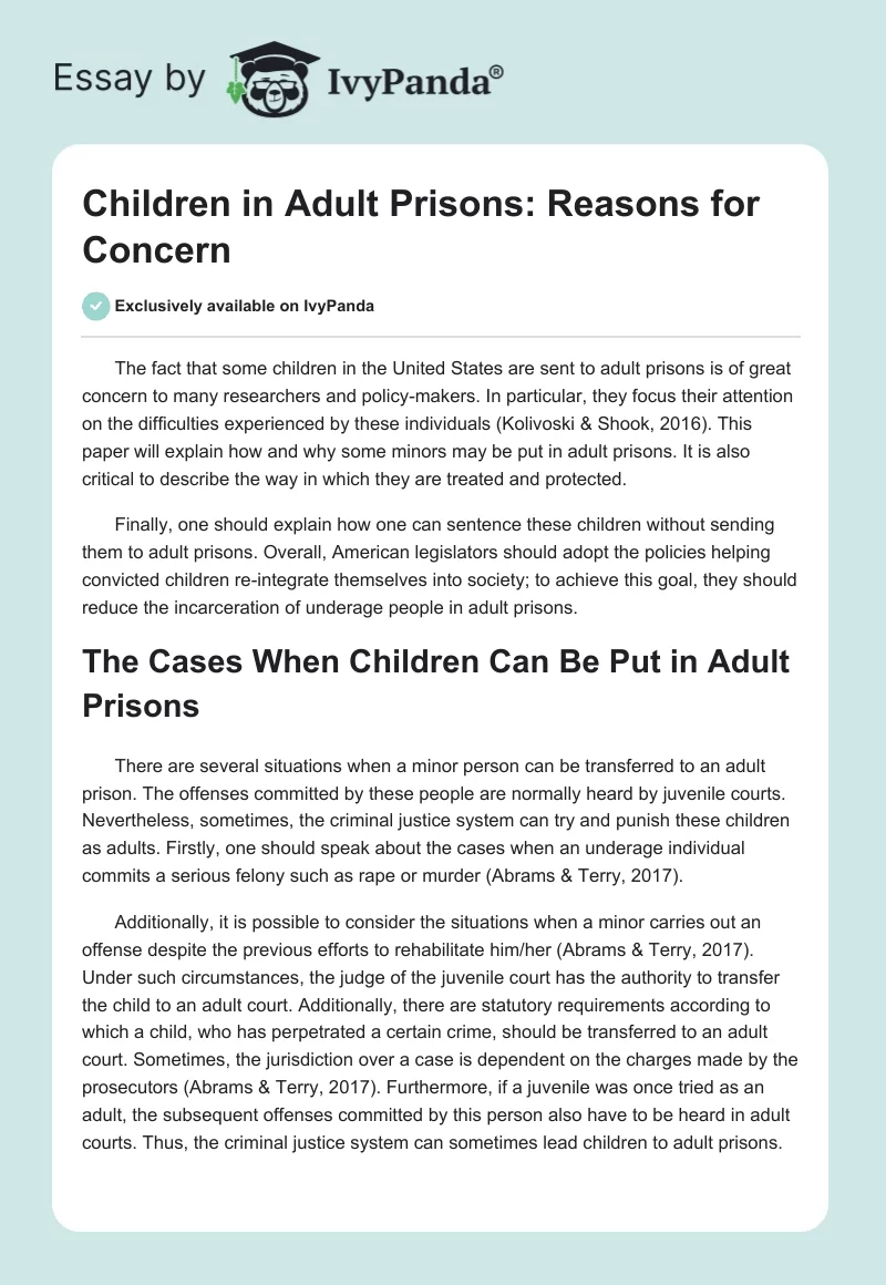Children in Adult Prisons: Reasons for Concern. Page 1