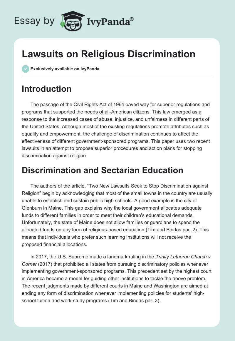 Lawsuits on Religious Discrimination. Page 1