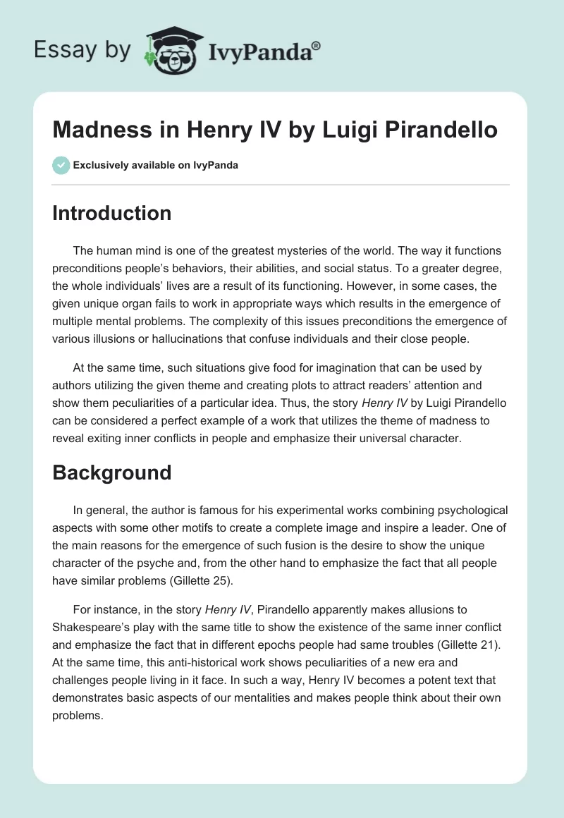 Madness in "Henry IV" by Luigi Pirandello. Page 1