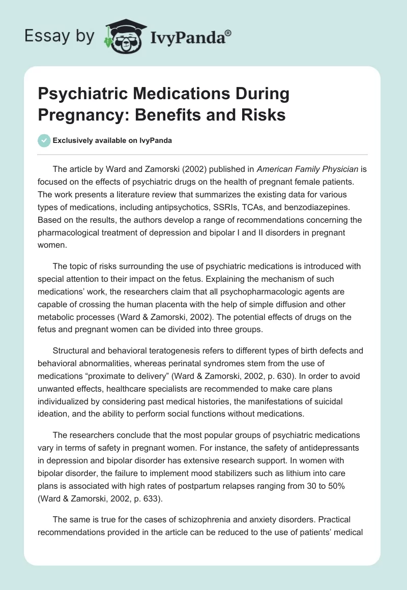 Psychiatric Medications During Pregnancy: Benefits and Risks. Page 1