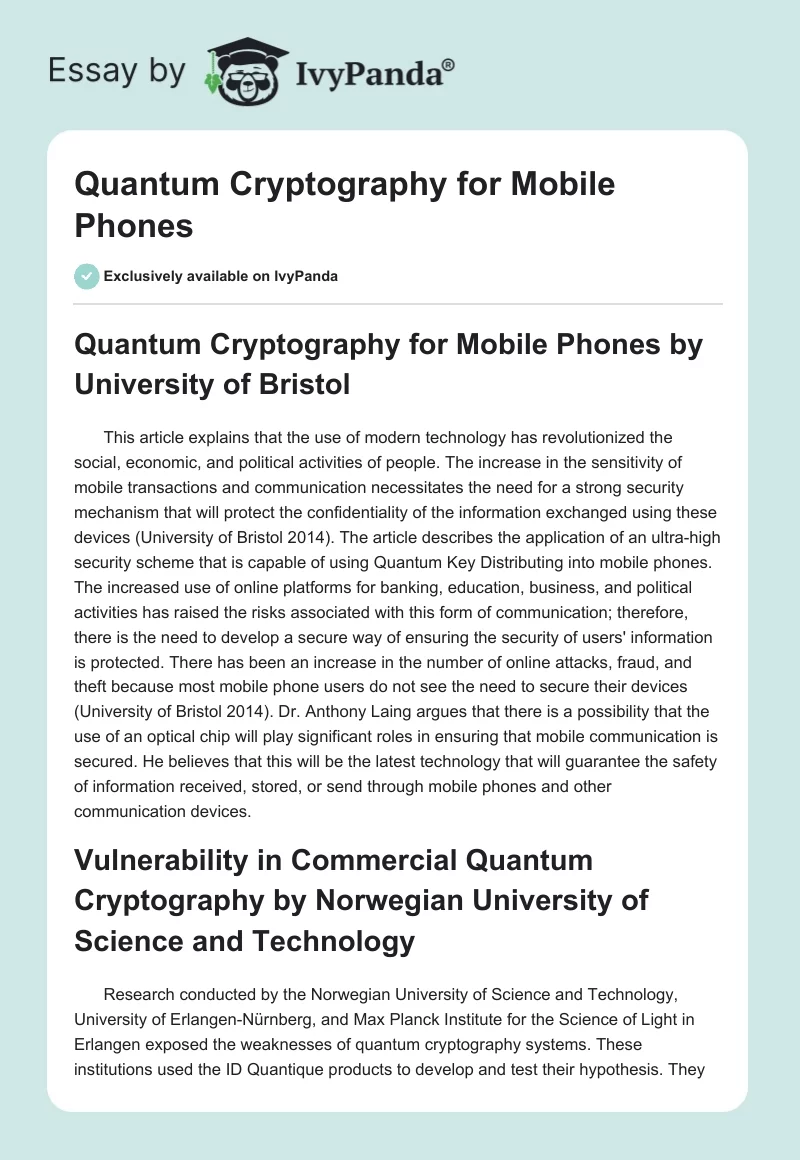 Quantum Cryptography for Mobile Phones. Page 1