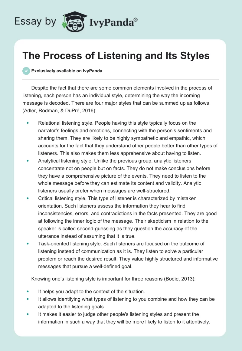 The Process of Listening and Its Styles. Page 1