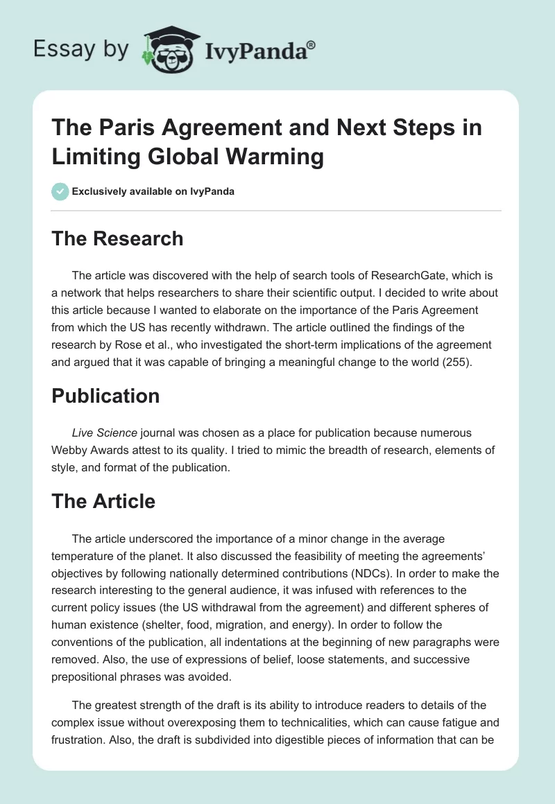 The Paris Agreement and Next Steps in Limiting Global Warming. Page 1