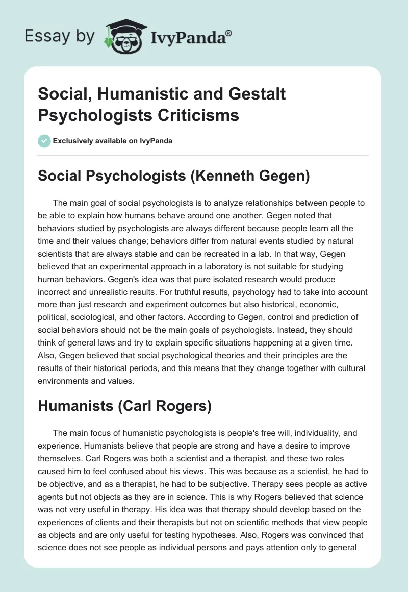 Social, Humanistic and Gestalt Psychologists Criticisms. Page 1