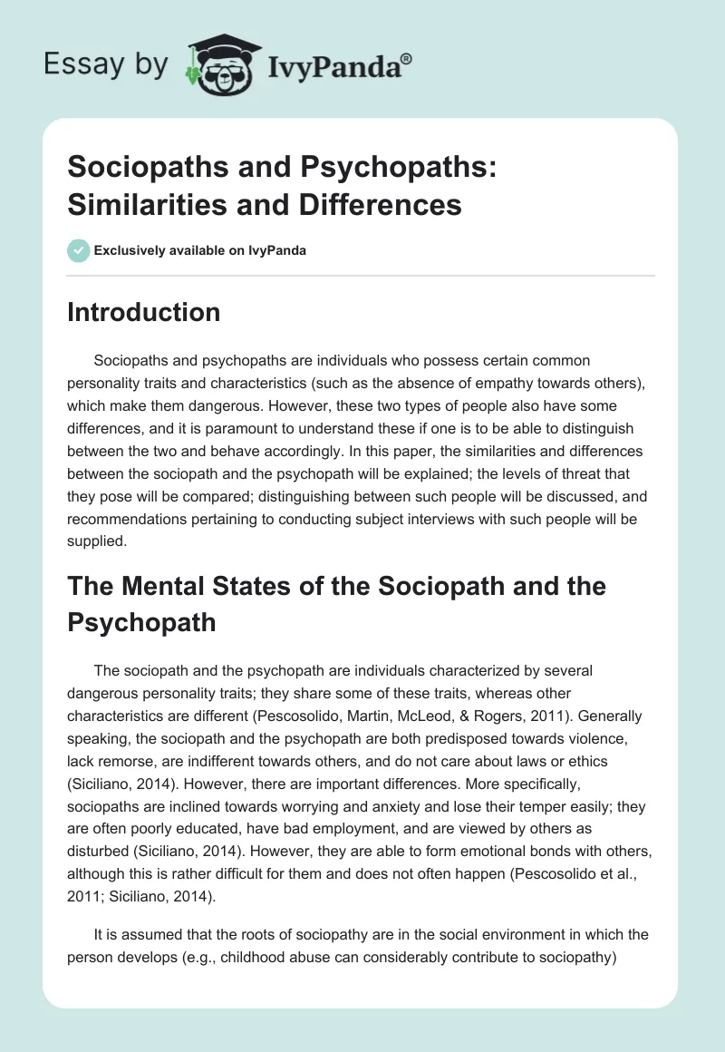 Sociopaths and Psychopaths: Similarities and Differences. Page 1