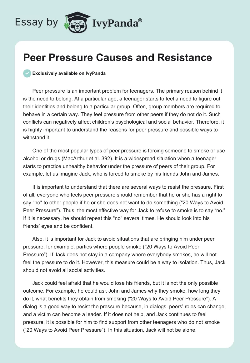 Peer Pressure Causes and Resistance. Page 1