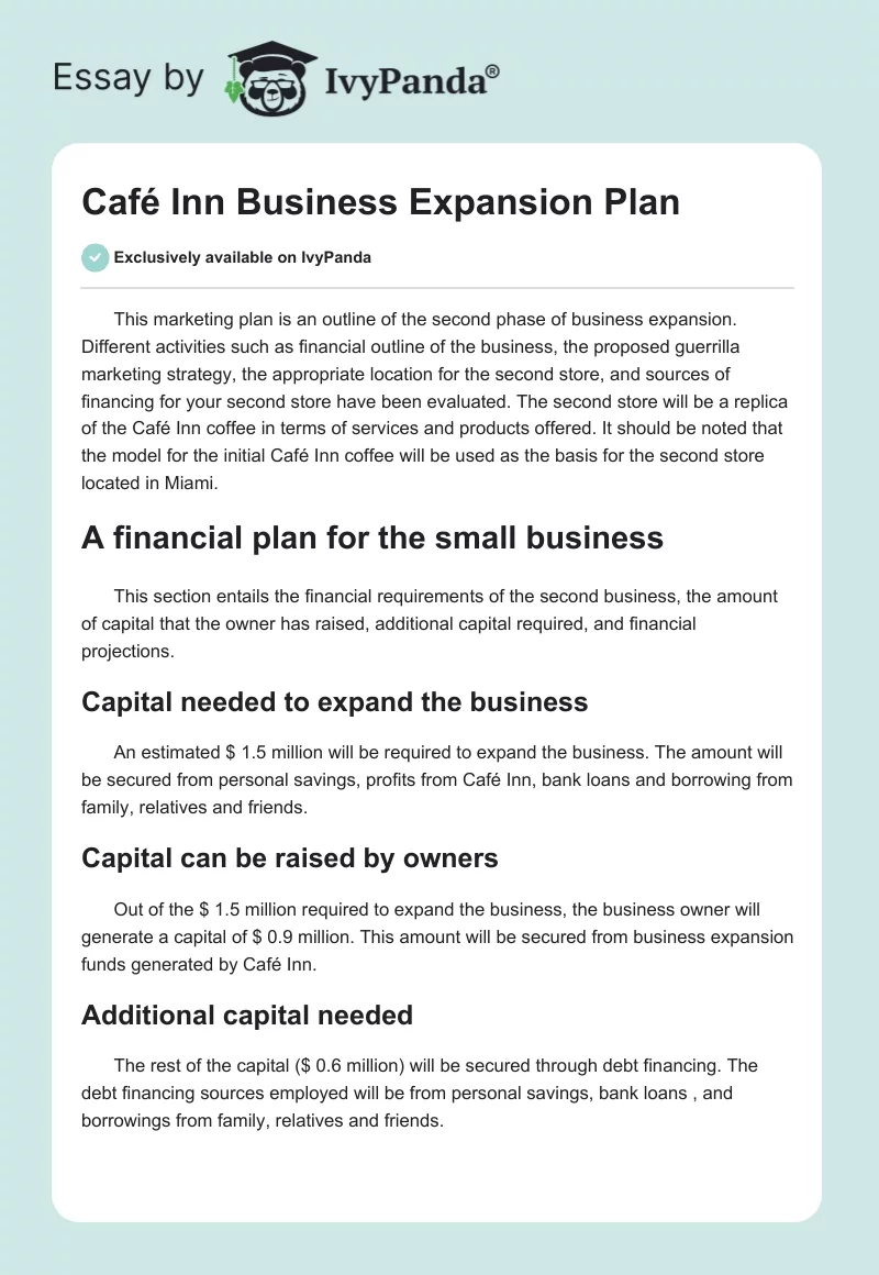 Café Inn Business Expansion Plan. Page 1