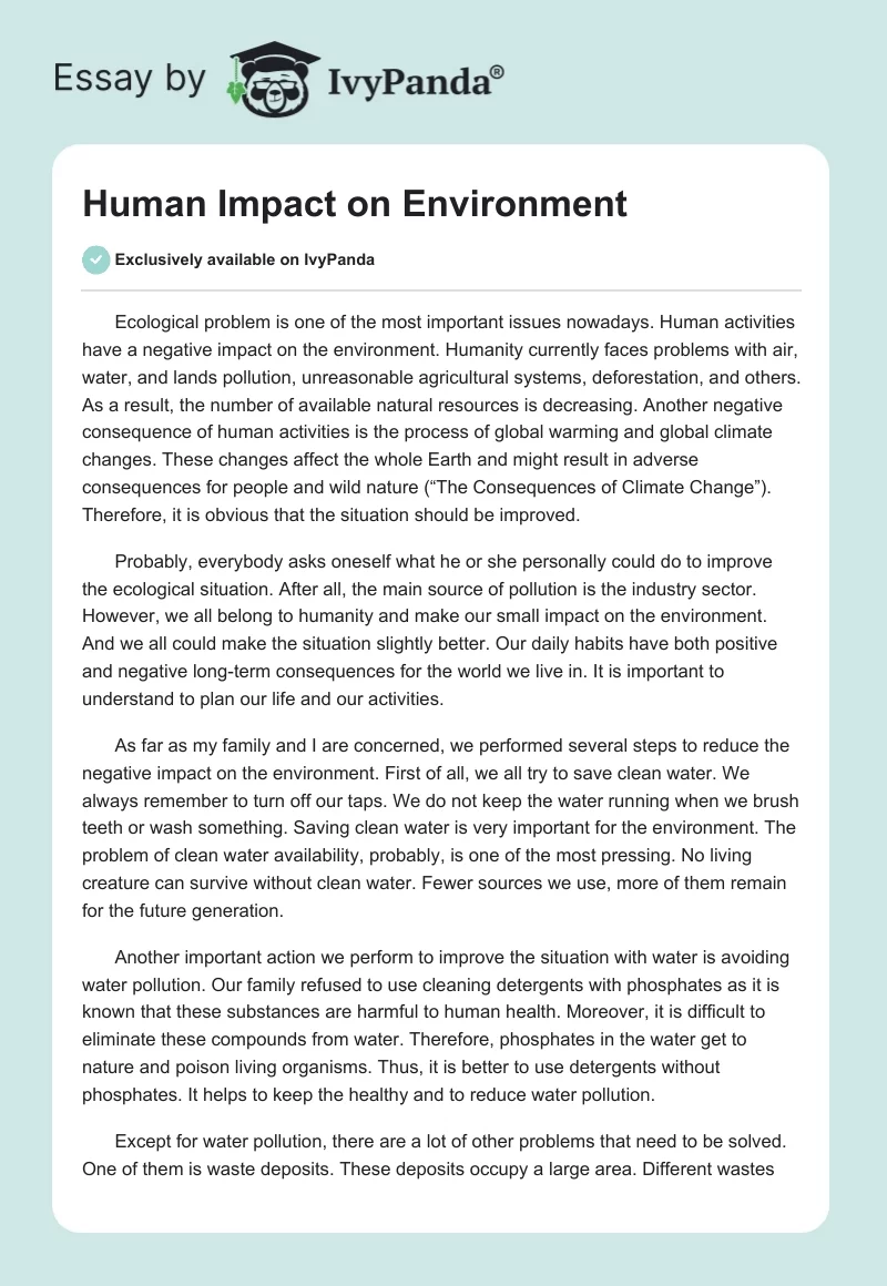 Human Impact on Environment - 568 Words | Essay Example