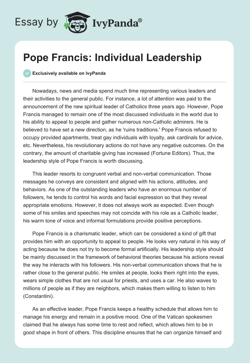 Pope Francis: Individual Leadership. Page 1