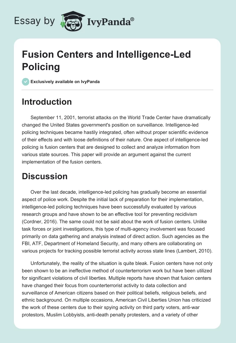 Fusion Centers and Intelligence-Led Policing. Page 1