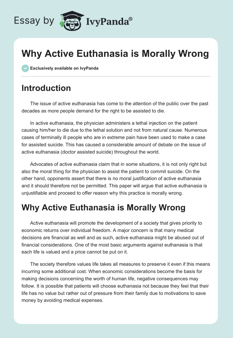 Why Active Euthanasia is Morally Wrong. Page 1