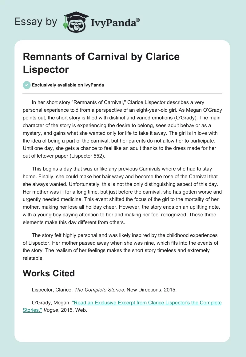 "Remnants of Carnival" by Clarice Lispector. Page 1