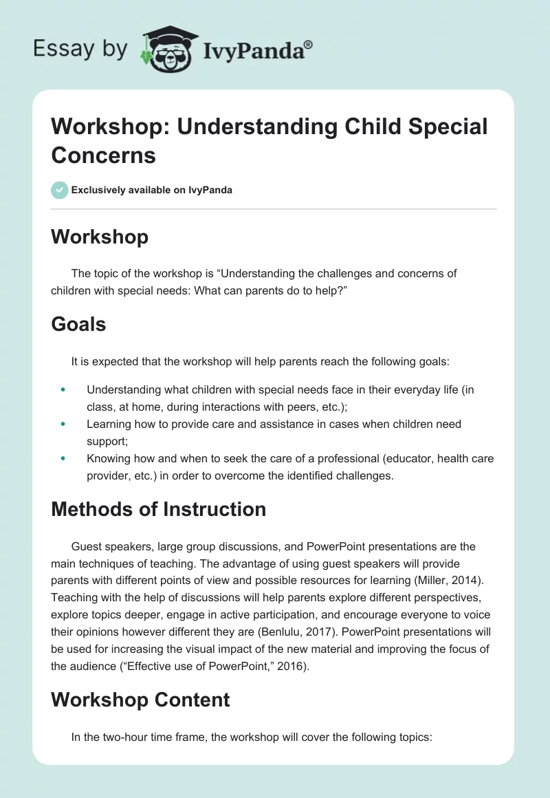 Workshop: Understanding Child Special Concerns. Page 1