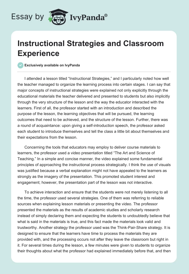 Instructional Strategies and Classroom Experience. Page 1