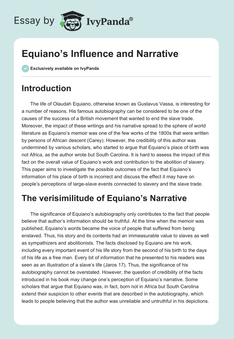 Equiano’s Influence and Narrative. Page 1