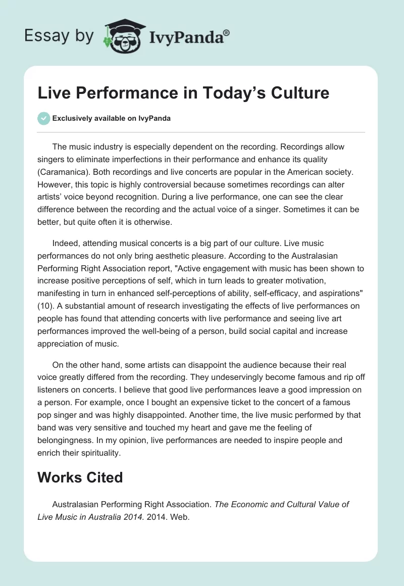 Live Performance in Today’s Culture. Page 1