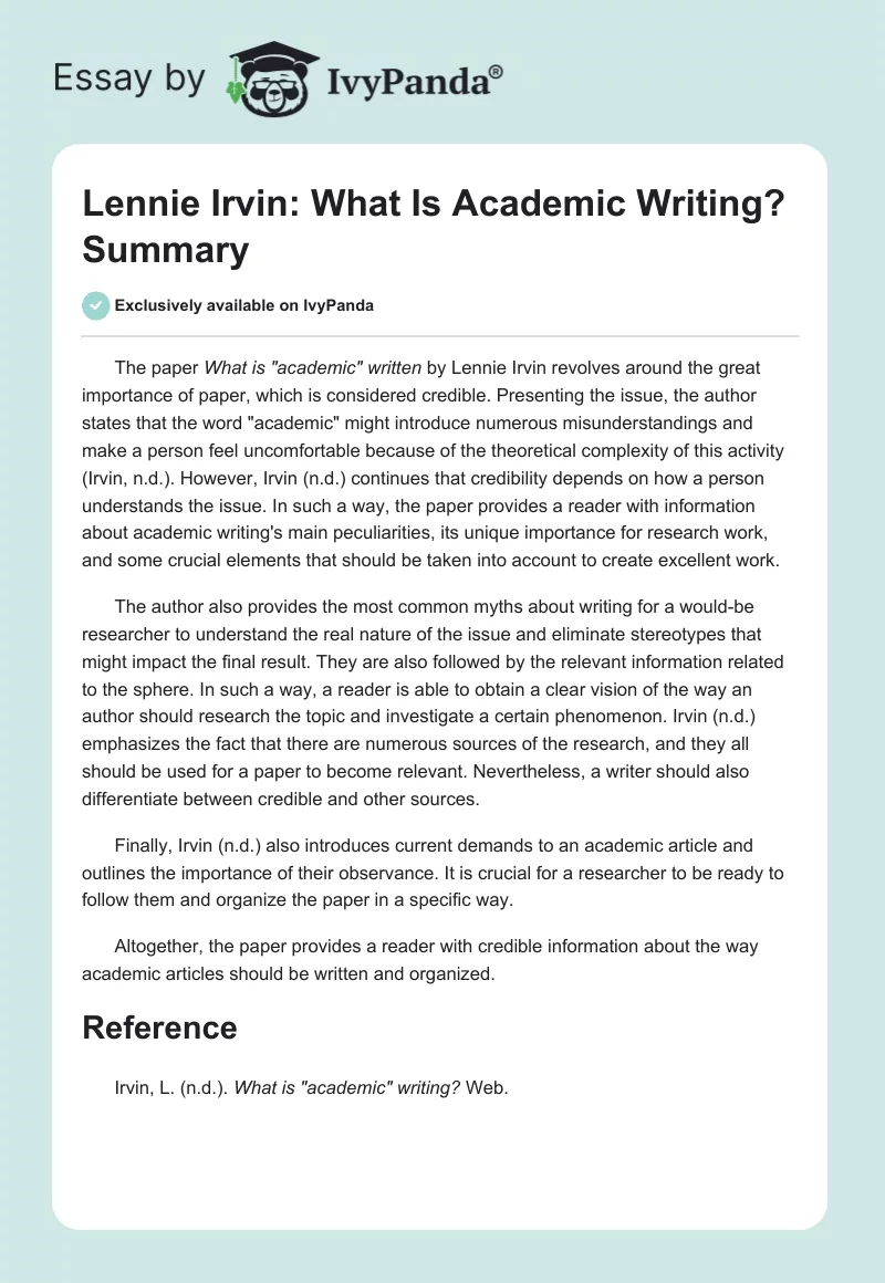 Lennie Irvin: "What Is "Academic" Writing?" Summary. Page 1