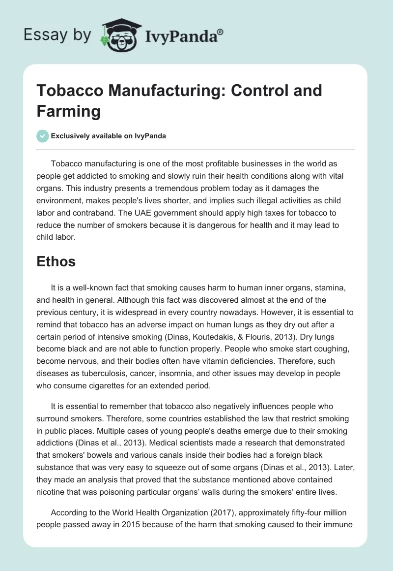 Tobacco Manufacturing: Control and Farming. Page 1