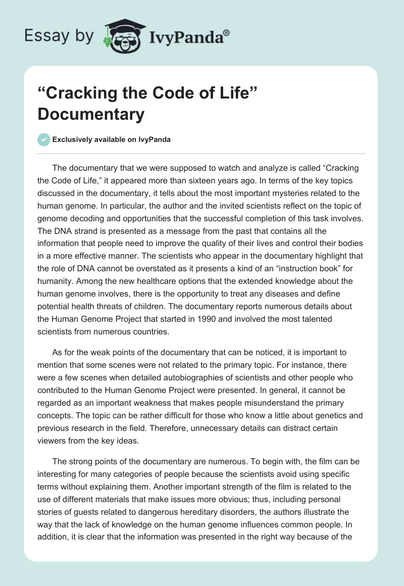 “Cracking the Code of Life” Documentary. Page 1