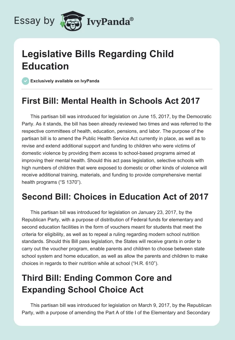 Legislative Bills Regarding Child Education. Page 1