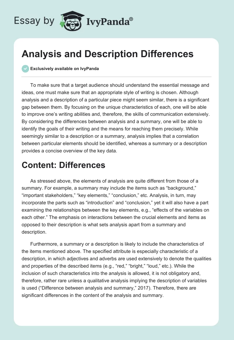 Analysis and Description Differences. Page 1