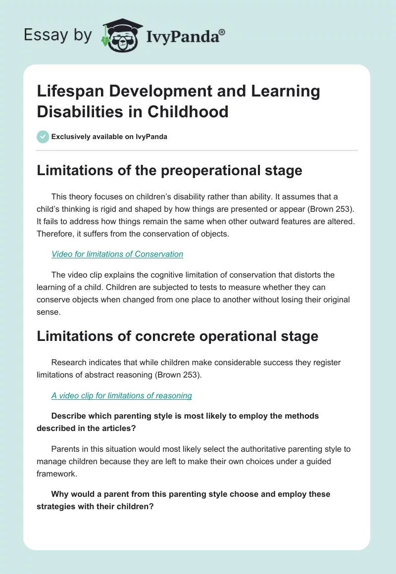 Lifespan Development and Learning Disabilities in Childhood. Page 1