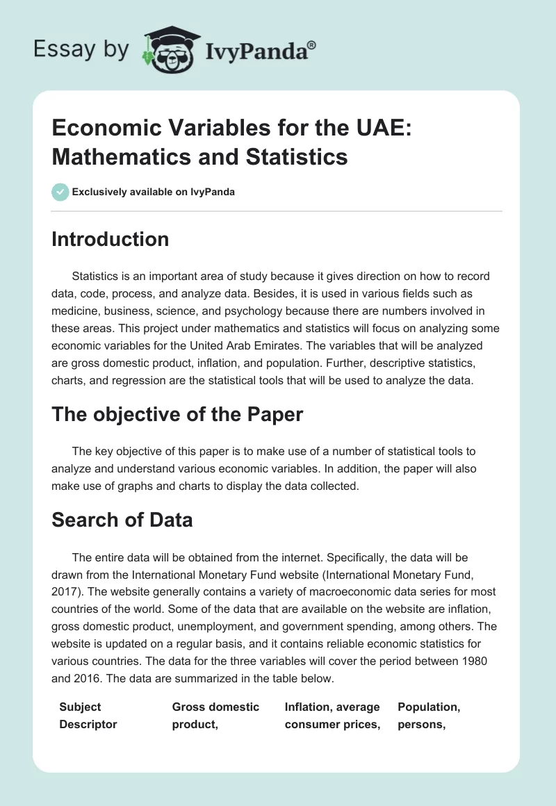 Economic Variables for the UAE: Mathematics and Statistics. Page 1