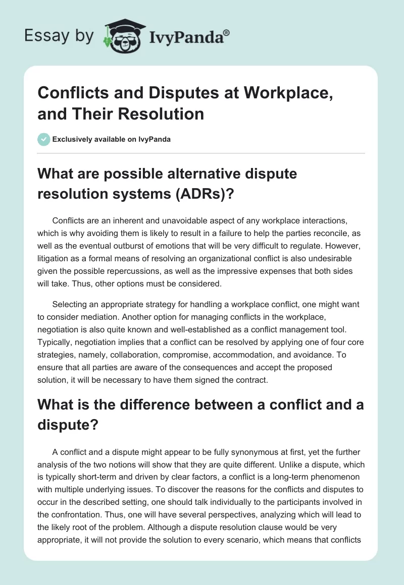 Conflicts and Disputes at Workplace, and Their Resolution. Page 1