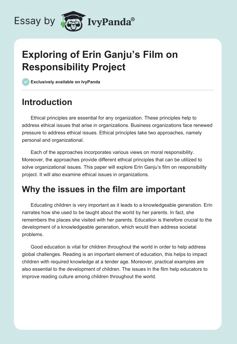 Exploring of Erin Ganju’s Film on Responsibility Project. Page 1