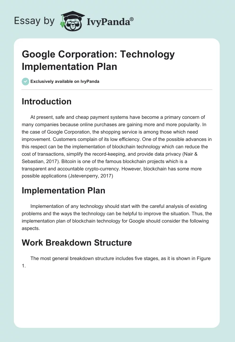 Google Corporation: Technology Implementation Plan. Page 1