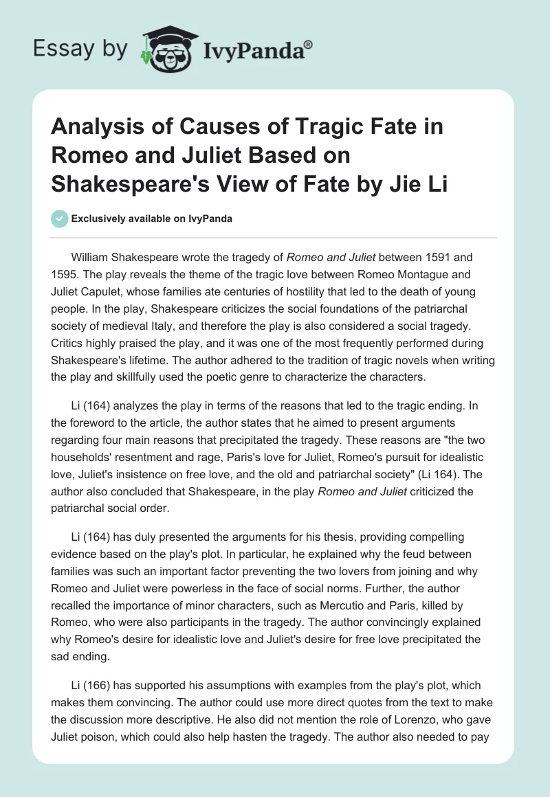“Analysis of Causes of Tragic Fate in Romeo and Juliet Based on Shakespeare’s View of Fate” by Jie Li. Page 1