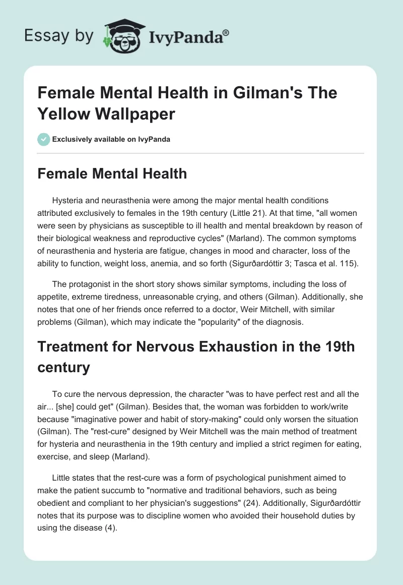 Female Mental Health in Gilman's "The Yellow Wallpaper". Page 1
