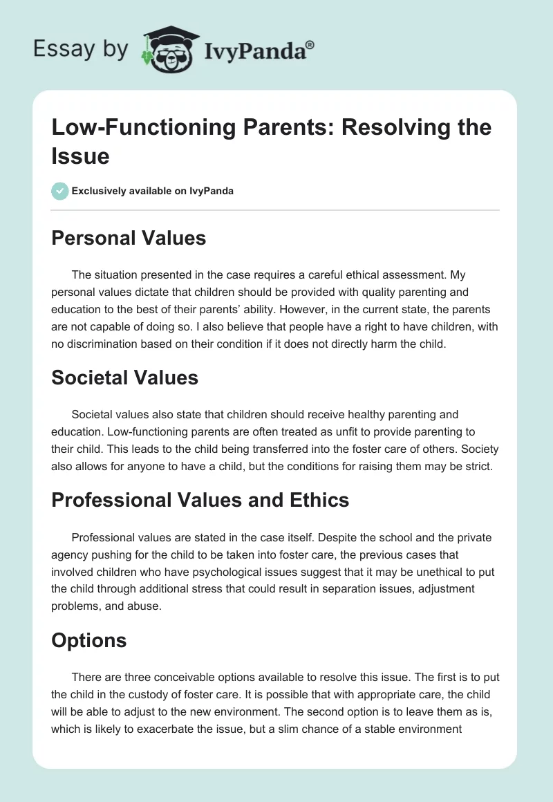 Low-Functioning Parents: Resolving the Issue. Page 1