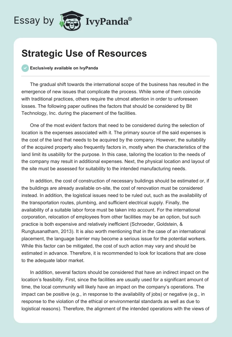 Strategic Use of Resources. Page 1
